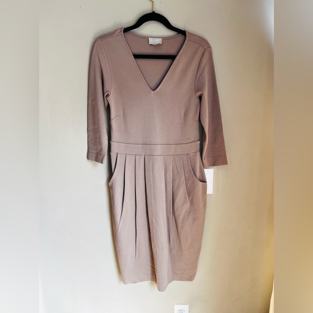 Pure Collection Taupe Pleated Sheath Long Sleeve Dress Pockets Size 6